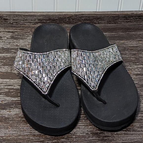 Skechers Arch Fit Women's Black/Rhinestone Comfort Walking Flip Flop Size 9 - Picture 2 of 7